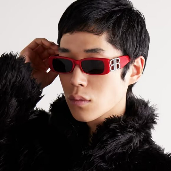 NEW Balenciaga BB0096S 015 Red Silver Logo Rectangle Unisex Sunglasses - Picture 11 of 12